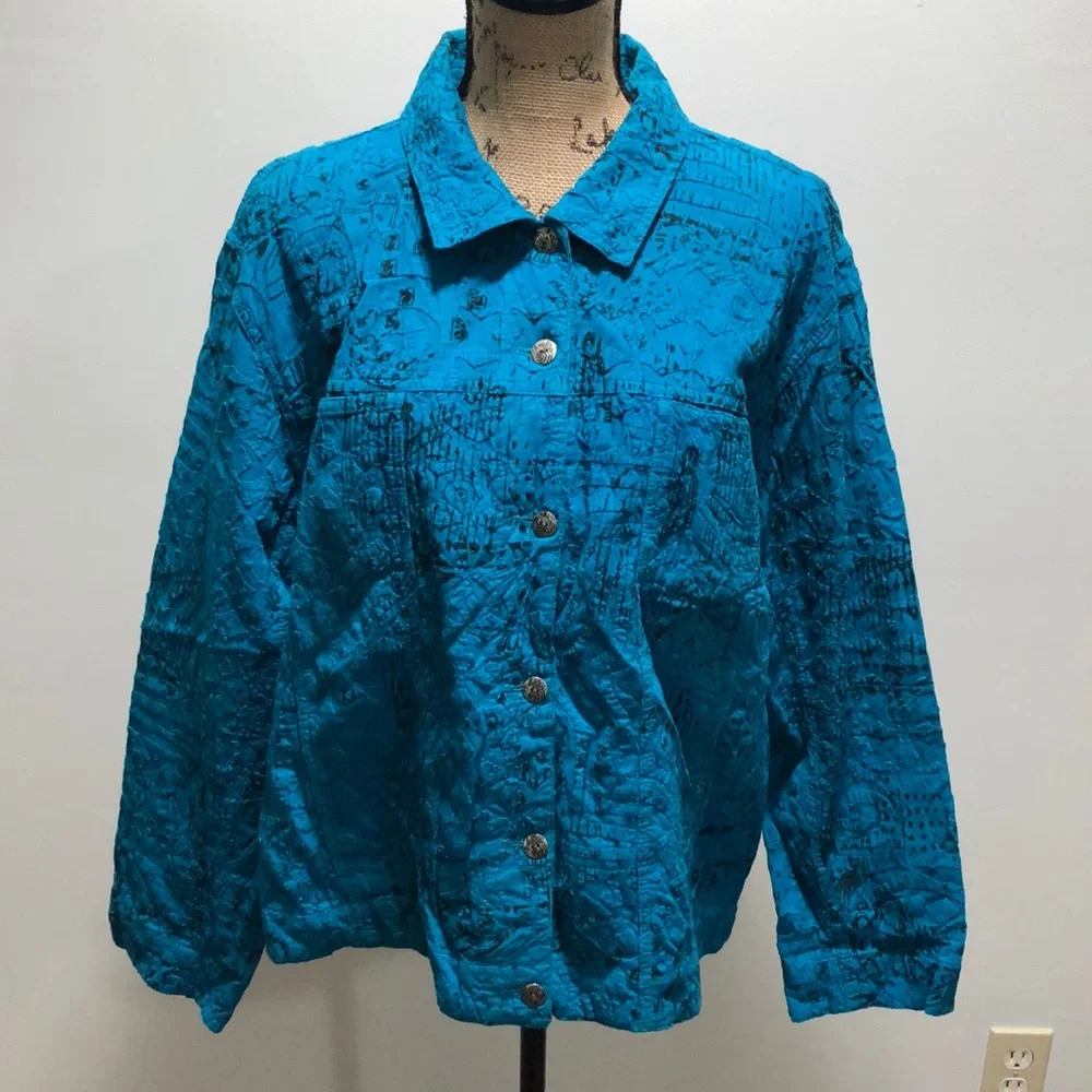 {Chico's} Greenish Blue Textured Lightweight Jacket